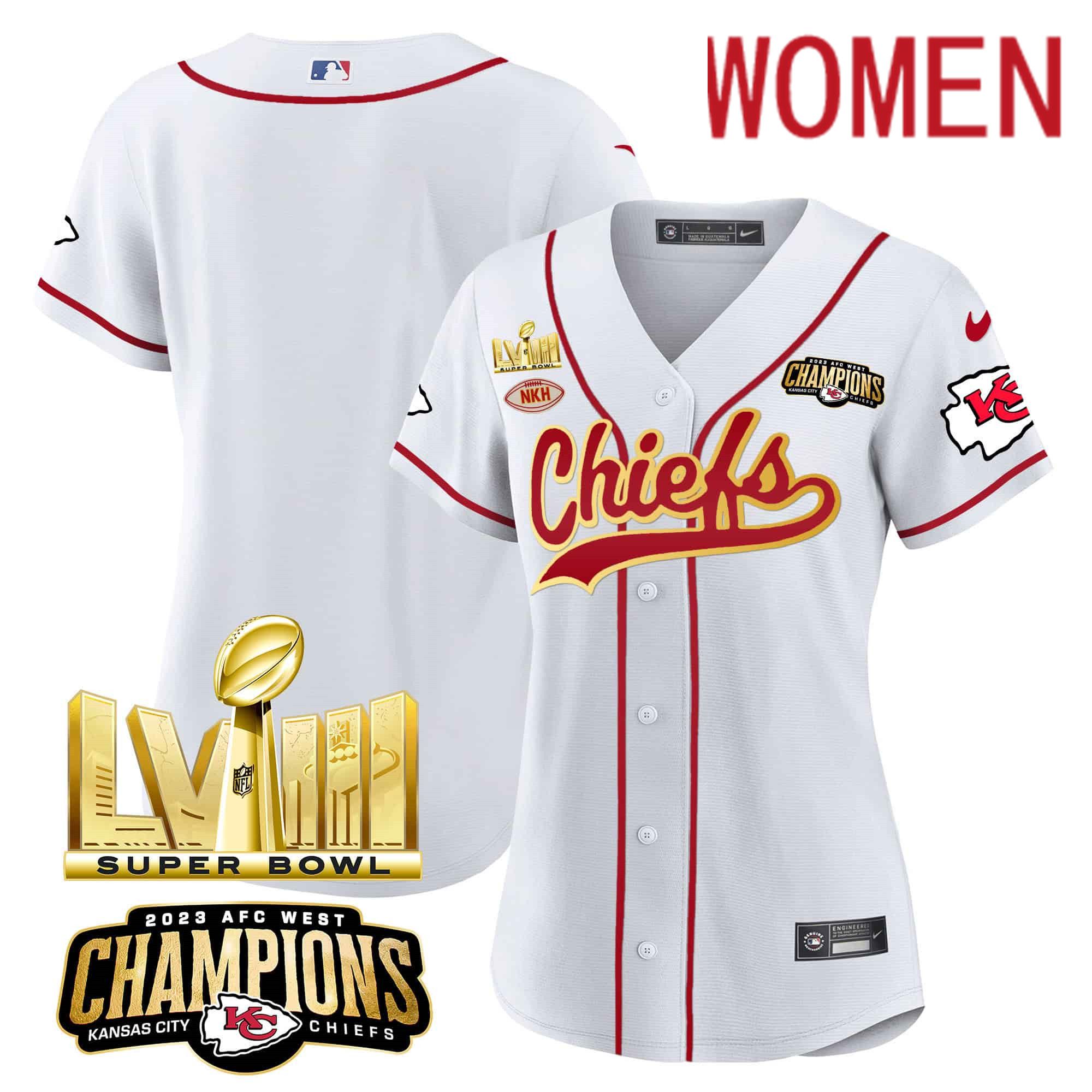 Women Kansas City Chiefs Blank White 2024 Nike Super Bowl LVIII Back 2 Back Gold Patch Baseball NFL Jersey